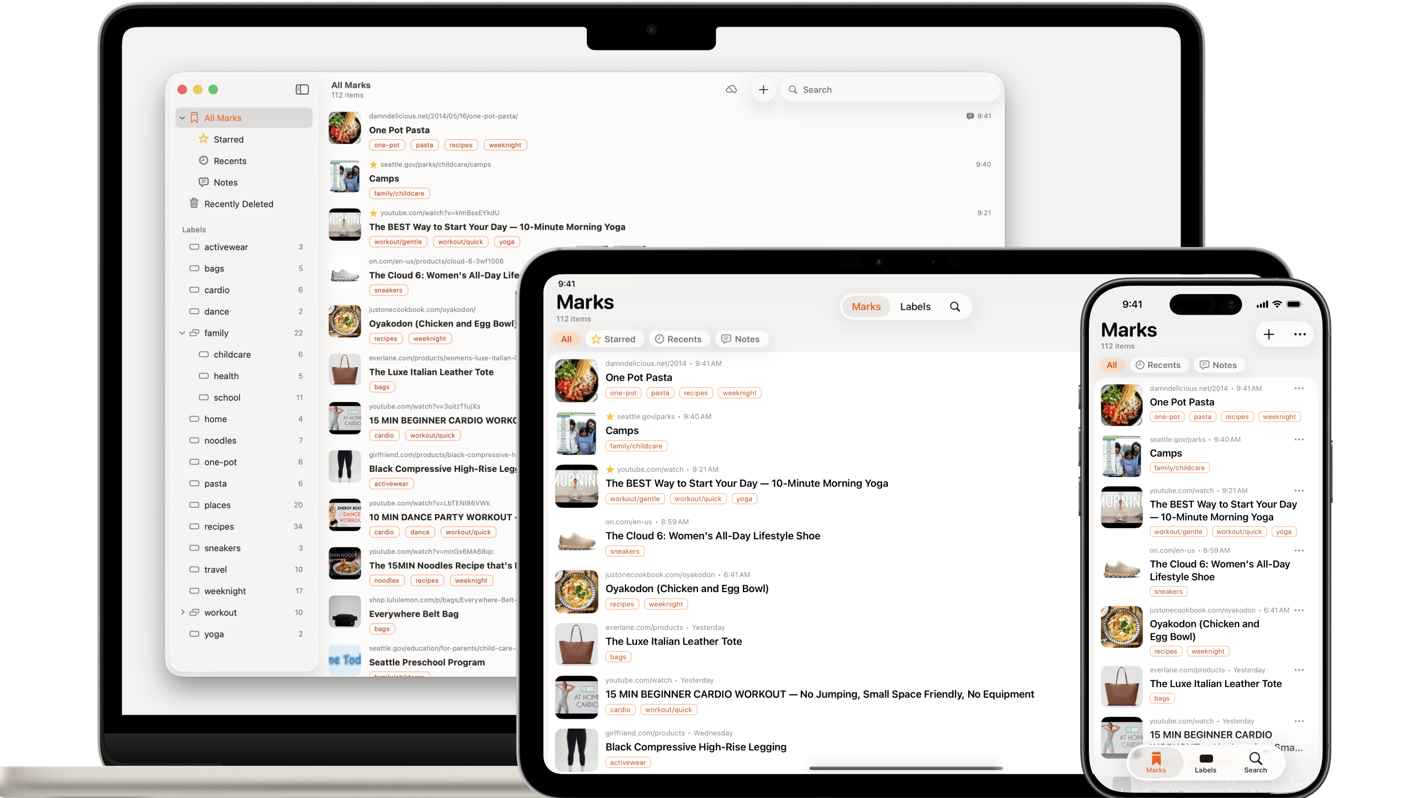 Chipmark on Mac, iPad, and iPhone, with the links for tonight’s dinner, a workout, and the kids’ schedule ready to open.