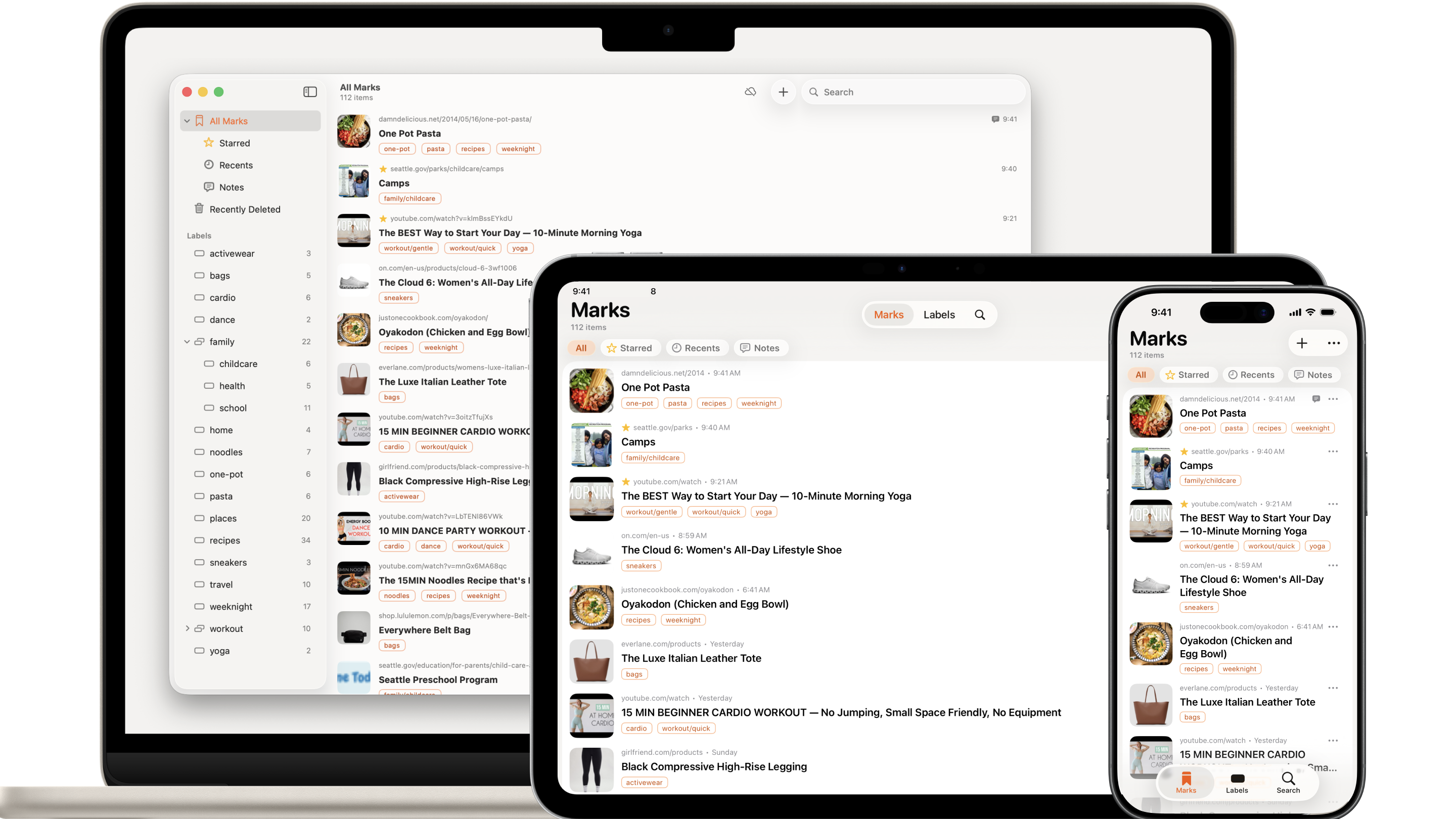 Chipmark on Mac, iPad, and iPhone, with the links for tonight’s dinner, a workout, and the kids’ schedule ready to open.